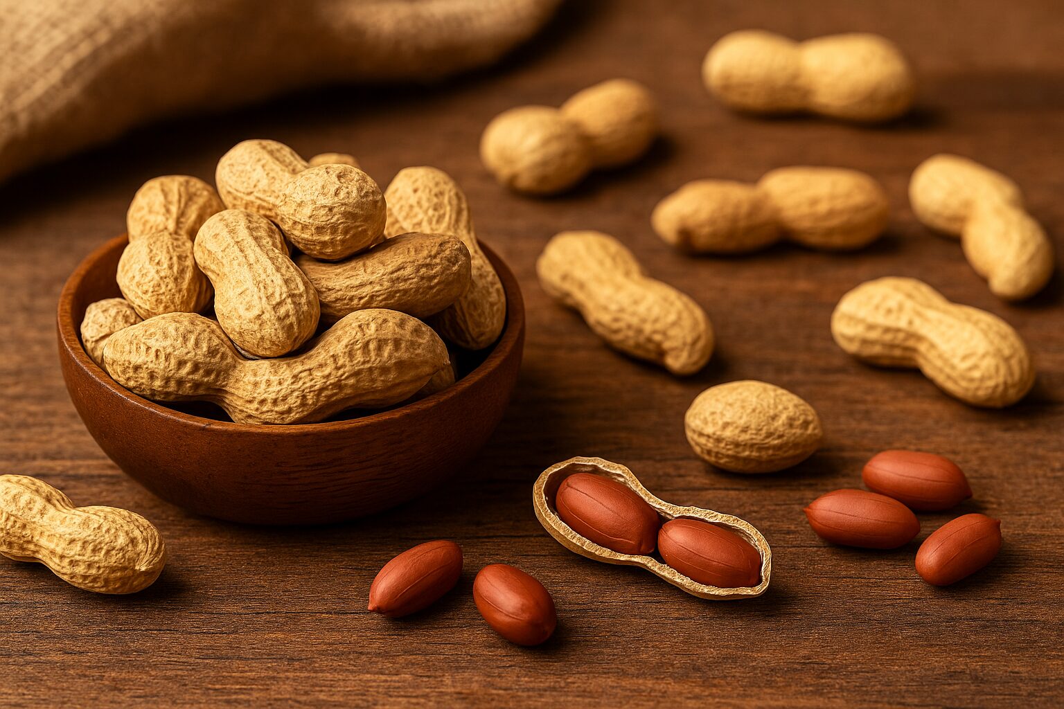Ground nuts in wooden bowl for bulk distribution