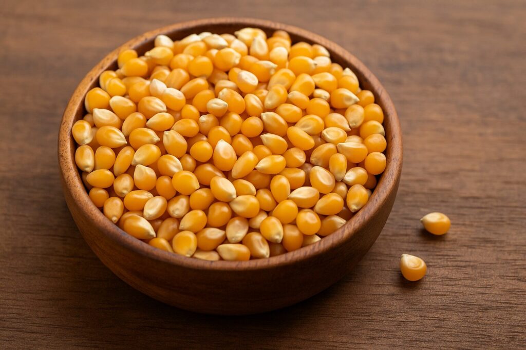 Popcorn kernels spilling from sack onto rustic wooden surface