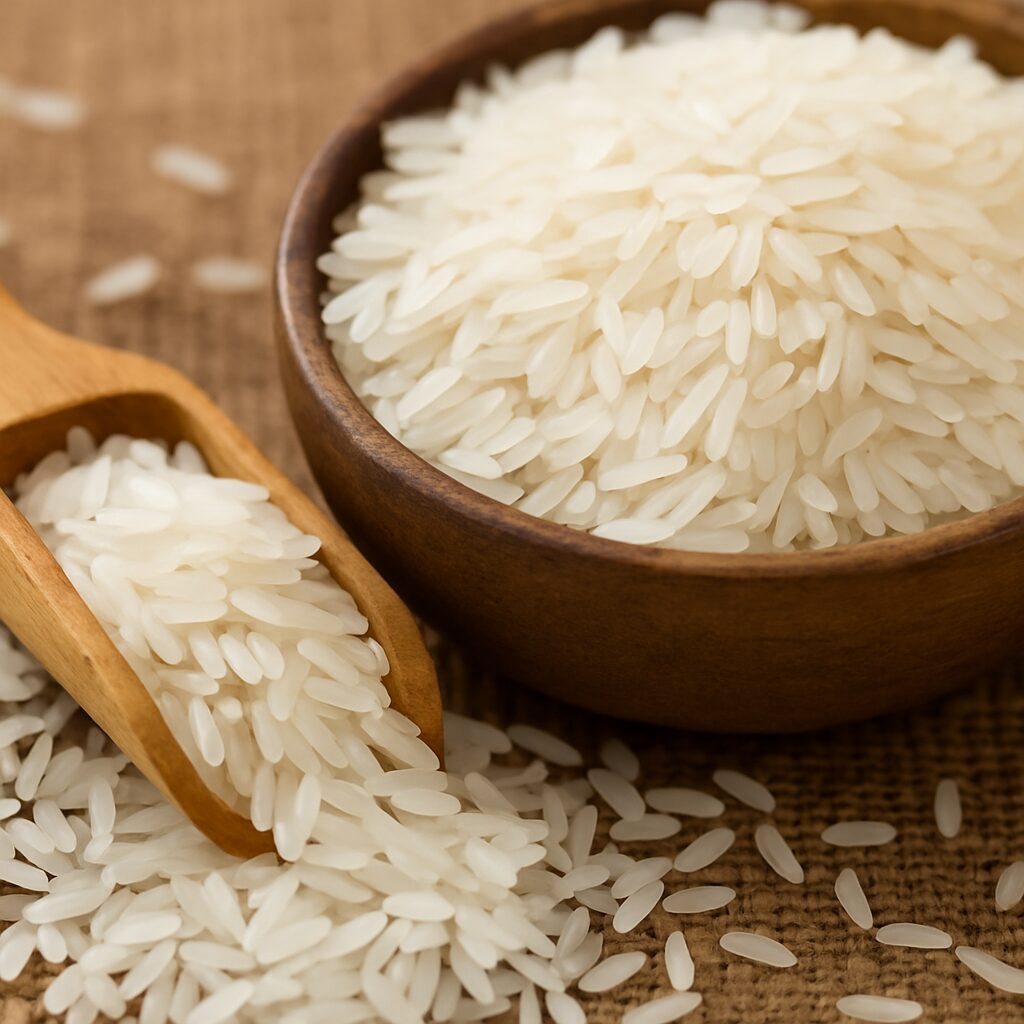 Bulk rice in wooden bowl with scoop on rustic surface