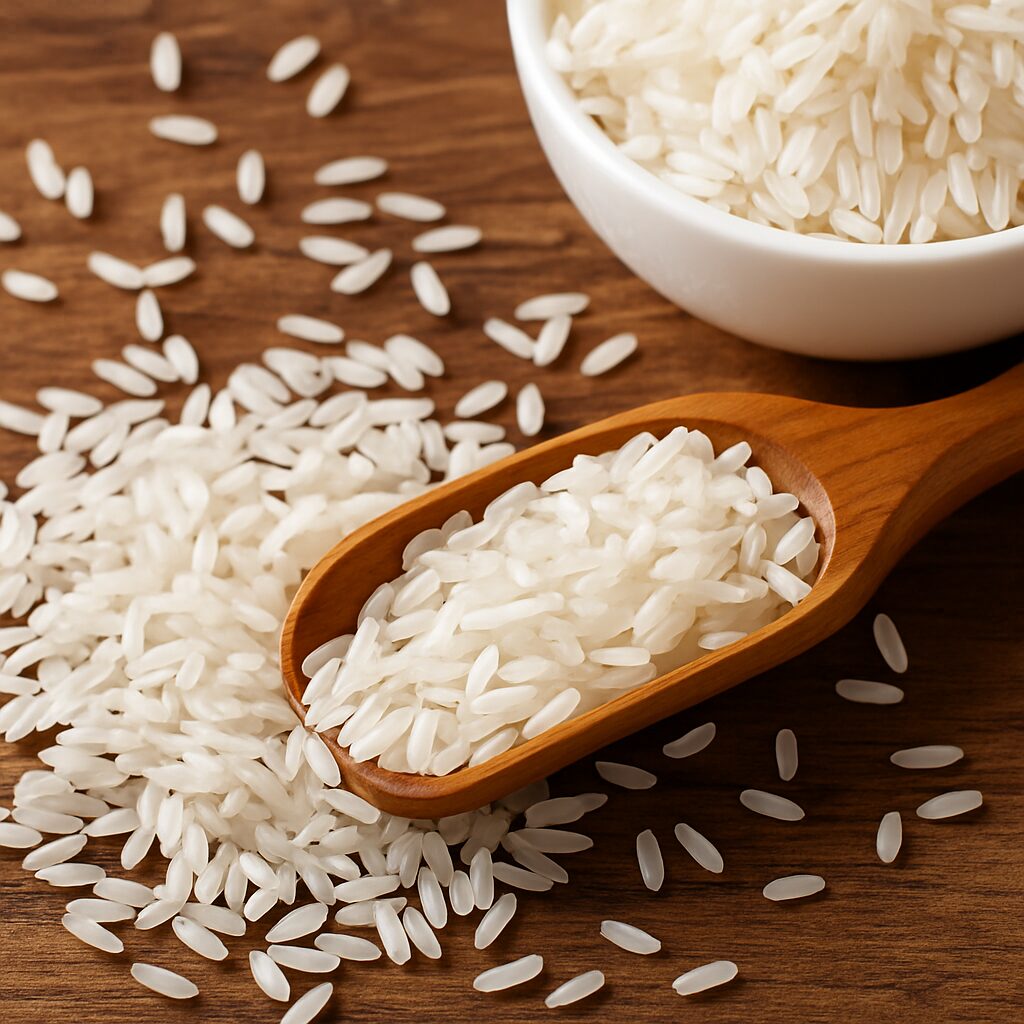 Close-up of rice grains spread across clean white background