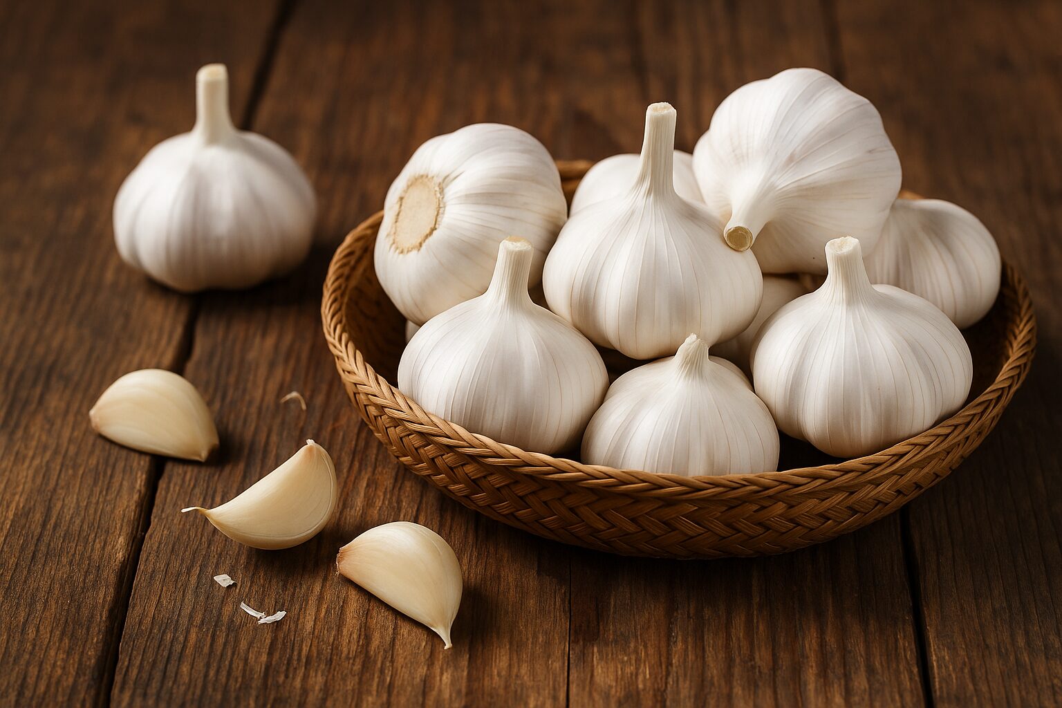 Cupped hands holding fresh white garlic above pile