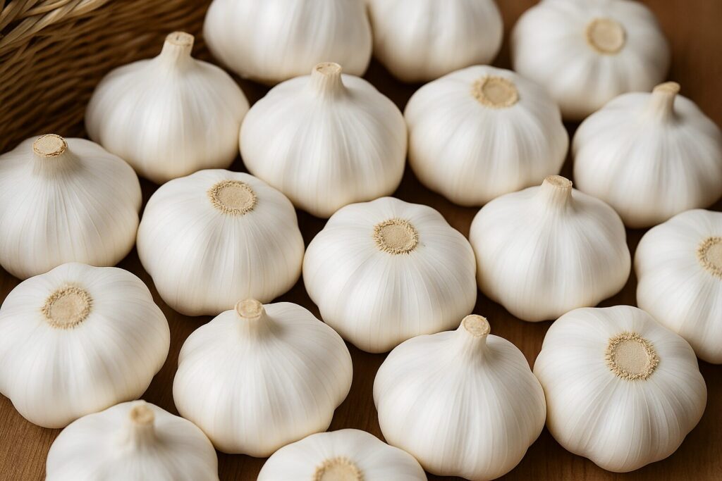 Close-up of fresh white garlic bulbs from supplier