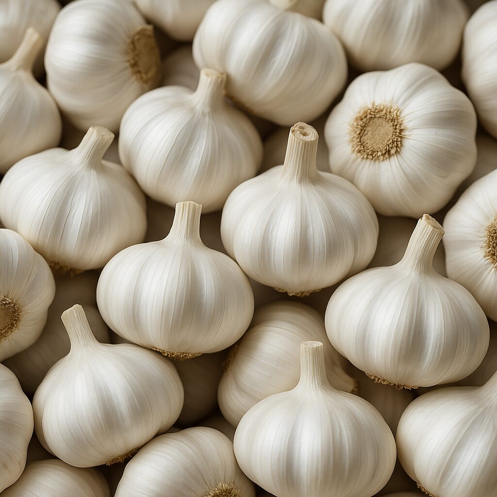 Fresh white garlic bulbs in burlap sack for wholesale buyers